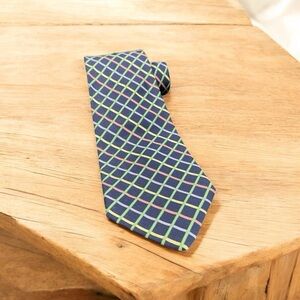 Lands’ End Men’s Tie Repp Weave Silk Navy Blue Pastel Stripe L 60” W4” USA